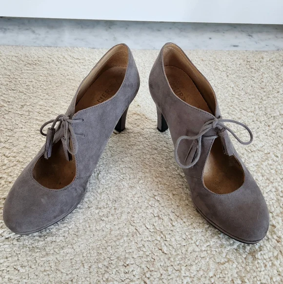 Taupe Suede Lace-Up Womens Heeled Pumps - Picture 4 of 9